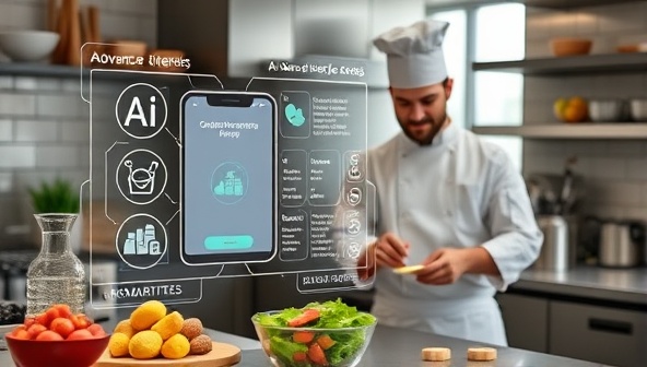 An advanced AI algorithm analyzing a user's dietary preferences and health goals on a digital interface, with a chef preparing customized meals in a modern kitchen, showcasing the seamless integration of technology and culinary expertise in SmartBites' meal delivery service.