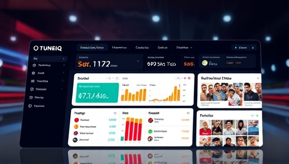An engaging visual concept featuring a dynamic dashboard interface of the TuneIQ Hub app with customizable tuning settings, performance metrics, and a vibrant community feed, illustrating the interactive and informative platform connecting car enthusiasts in the world of performance tuning.