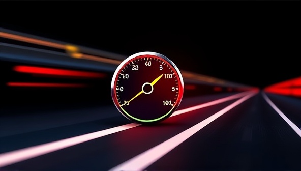 An artistic representation of a speedometer icon racing towards a finish line, symbolizing the concept of optimizing website performance for maximum speed and efficiency in a visually engaging way.