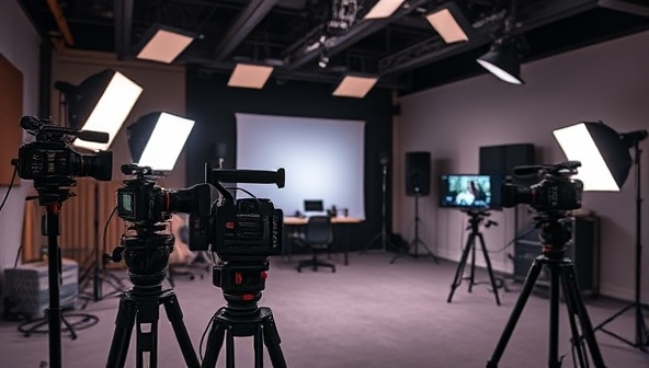 A professional video production studio setup with cameras, lighting equipment, and editing stations, capturing the creative and dynamic essence of personalized video content production at VideoVibe Studios.