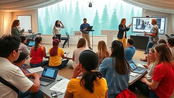 A virtual career exploration camp scene with students engaging in interactive workshops, networking sessions, and virtual tours of workplaces, accompanied by professionals from various industries sharing insights and advice on different career paths, creating a dynamic and informative learning environment for young participants.