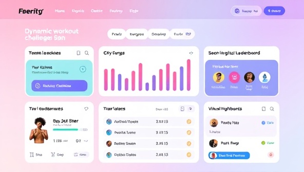 An energetic digital platform interface showcasing dynamic workout challenges, progress trackers, social leaderboards, and virtual high-fives between users, conveying a sense of community, competition, and achievement.