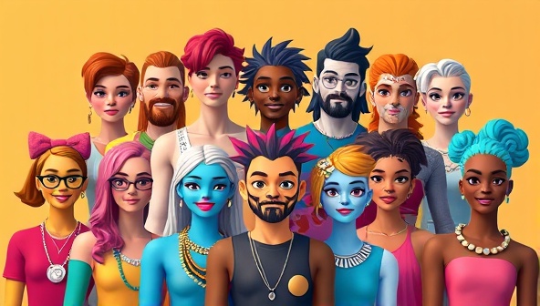 An artistic representation of a diverse group of avatars showcasing the platform's customization options, with vibrant colors, unique accessories, and expressive animations, highlighting the platform's creativity and inclusivity.