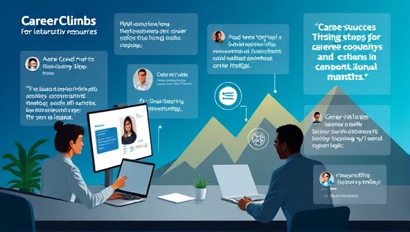 An interactive digital workspace featuring career resources, job search tips, and virtual coaching sessions with professional mentors, overlaid with career success stories, inspirational quotes, and industry insights, creating a dynamic and supportive environment for career growth through CareerClimb.