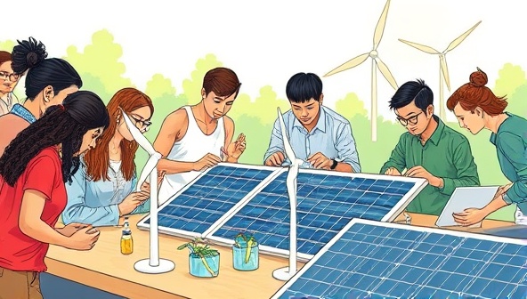 An illustration of a diverse group of students and professionals engaged in a hands-on renewable energy workshop, experimenting with solar panels and wind turbines while learning about sustainable energy solutions, portraying a collaborative and educational environment at RenewU Academy.