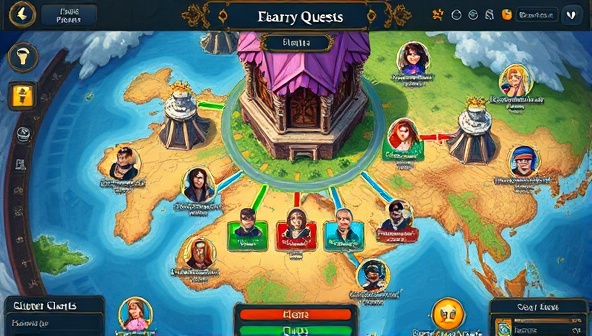 An immersive digital illustration of the StoryForge Quests app interface, showcasing a vibrant fantasy world map with interactive story nodes, character avatars, and collaborative story threads, inviting users to embark on creative quests and shape their own narrative destinies within the app.