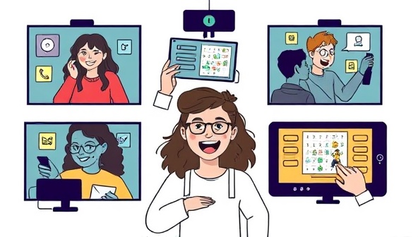 A digital illustration of a group of friends on a video call, each interacting with different elements of an escape room on their screens, showcasing teamwork and excitement in solving puzzles together.