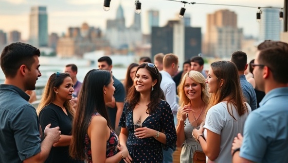 An intimate networking event where local influencers and small business owners mingle, exchanging ideas and discussing potential collaboration opportunities, against a backdrop of a vibrant cityscape.