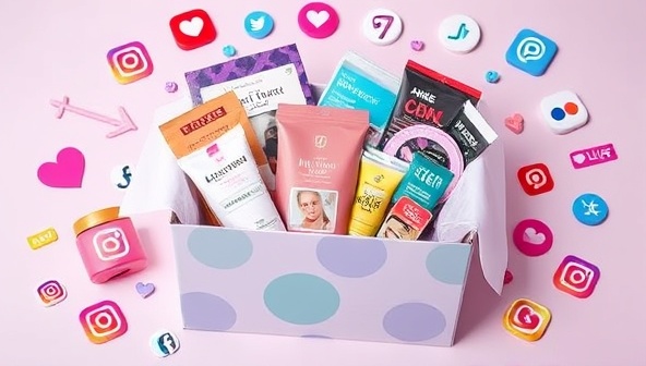 An aesthetically pleasing and colorful subscription box filled with a variety of influencer-curated items, surrounded by social media icons and hashtags, reflecting a trendy and personalized experience for subscribers.
