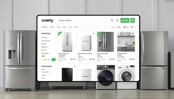 An online marketplace interface showcasing a variety of high-quality, energy-efficient used appliances like refrigerators, washers, and dryers, with detailed product descriptions, energy ratings, and affordable prices, conveying a sustainable and budget-friendly shopping experience.
