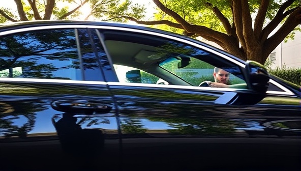 A sleek and shiny car parked under a tree with a team member detailing the interior, capturing the essence of convenience and premium car care services.