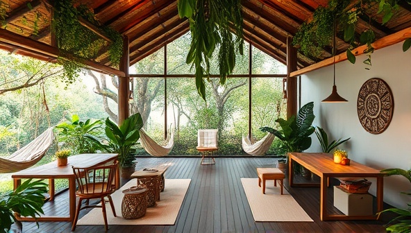 A serene co-living space surrounded by lush greenery and tranquil nature, featuring shared workstations, cozy hammocks, yoga mats, and communal dining areas, inviting remote workers to embrace a harmonious blend of work and relaxation in a natural oasis.