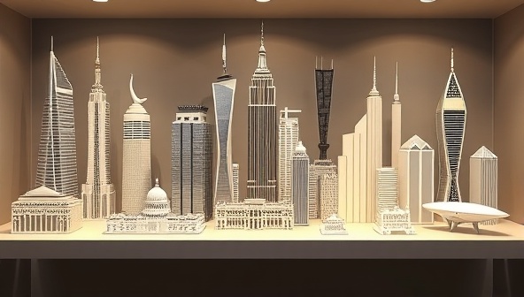An artistic rendering of a collection of 3D printed architectural models displayed on a sleek shelf, showcasing a mix of modern skyscrapers, historical landmarks, and futuristic structures, embodying the diversity and creativity of the subscription service offerings.