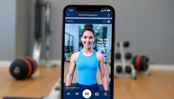 A smartphone displaying the FitGenie AI app interface, with a virtual coach avatar guiding a user through a workout routine, surrounded by fitness equipment and a motivational quote, inspiring a sense of progress and achievement.