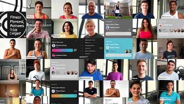 A dynamic digital collage showcasing diverse individuals participating in virtual fitness challenges, with progress bars, leaderboards, and motivational messages overlaid, conveying a sense of competition, camaraderie, and achievement within the community.