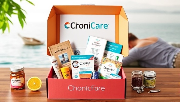 An inviting visual concept of a ChroniCare Box with a variety of health products, educational materials, and wellness items neatly arranged in a vibrant box, accompanied by a serene background showcasing relaxation and well-being, evoking a sense of support and empowerment in managing chronic conditions.