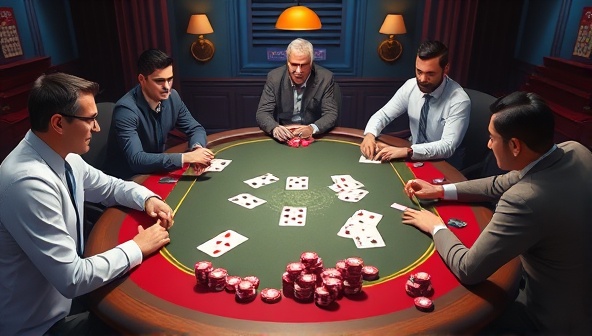 An engaging digital illustration of a virtual poker table with animated playing cards and chips, surrounded by poker mentors providing tips and guidance to players, creating a vibrant and educational poker coaching atmosphere.