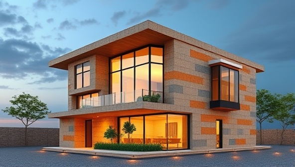An artistic representation of a modern eco-friendly building constructed with recycled plastic bricks, showcasing the versatility and durability of sustainable construction materials in a visually appealing architectural design.
