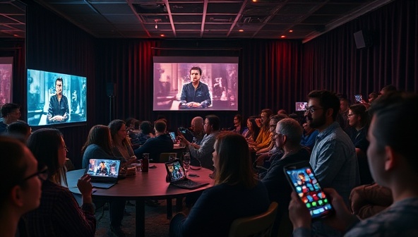 An immersive interactive movie night scene with viewers choosing alternate storylines on their devices, engaging in live discussions, and virtually connecting with friends and fellow film enthusiasts, creating a dynamic and social movie-watching experience.