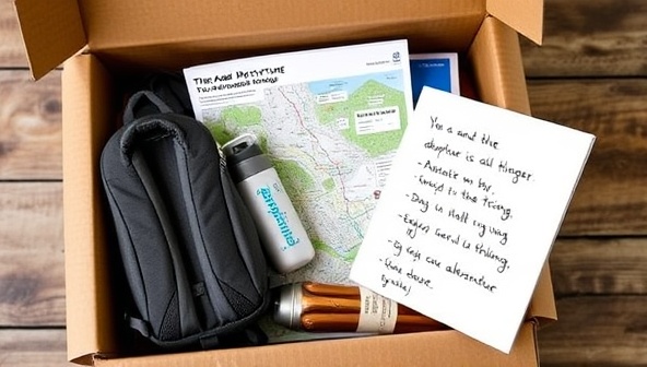 An enticing visual of a subscription box filled with adventure travel essentials, including a compact backpack, a durable water bottle, a detailed trail map, and a handwritten note with a personalized adventure challenge, evoking a sense of excitement and wanderlust in potential subscribers.