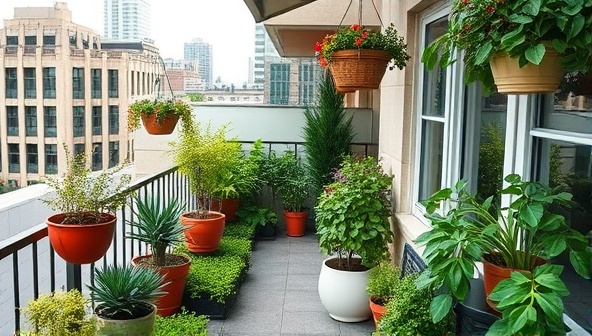An urban balcony transformed into a lush garden oasis with potted plants, herbs, and hanging baskets, creating a serene and green retreat in the midst of the cityscape, inspiring urban dwellers to embrace gardening in limited spaces.