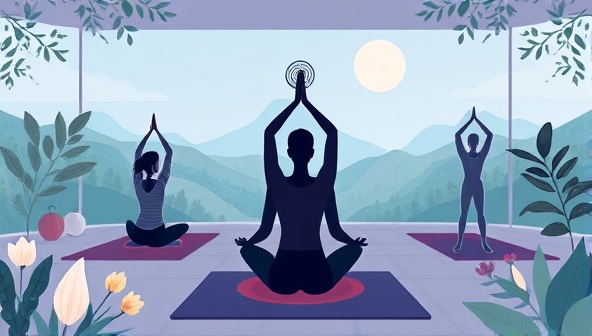 A serene digital illustration of a virtual wellness retreat setting, featuring users engaging in yoga poses, meditation exercises, and mindfulness practices in a peaceful and calming virtual environment, surrounded by nature elements and tranquil sounds, creating a restorative and rejuvenating online wellness retreat experience.