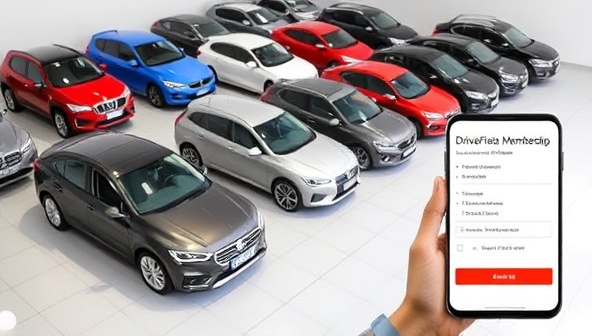A diverse fleet of vehicles lined up for selection, ranging from compact city cars to luxury SUVs, displayed in a virtual showroom accessible through the DriveFlex Membership app, showcasing the variety and convenience of the subscription-based car ownership experience.