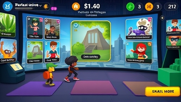 An interactive fitness gaming interface displaying a diverse range of virtual challenges and quests, with animated characters engaging in workout activities and earning rewards, creating a dynamic and immersive gaming environment that motivates users to stay active and achieve their fitness goals through the FitQuest Arcade platform.