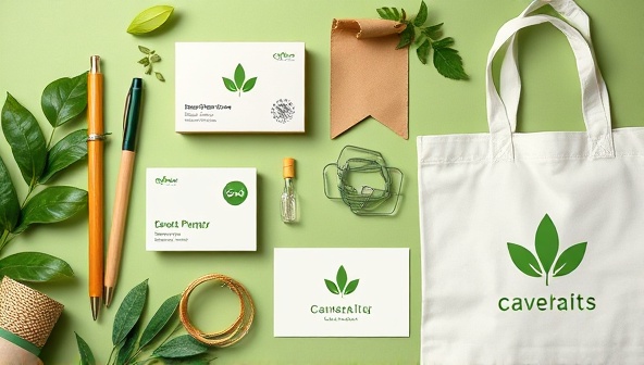 A visually appealing collage featuring eco-friendly promotional items like bamboo pens, seed paper business cards, and reusable tote bags, arranged on a background of lush greenery and eco-conscious branding elements, symbolizing sustainability and innovation.