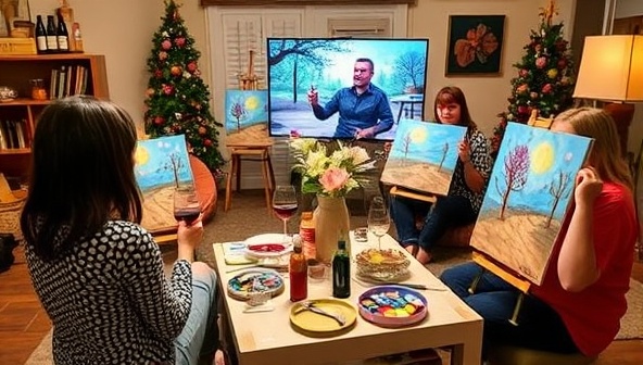 A cozy home setting with a virtual paint and sip class in progress, featuring a group of participants following along with the artist's instructions on their canvases, accompanied by glasses of wine and colorful paint palettes, capturing the laid-back and creative atmosphere of the online class.