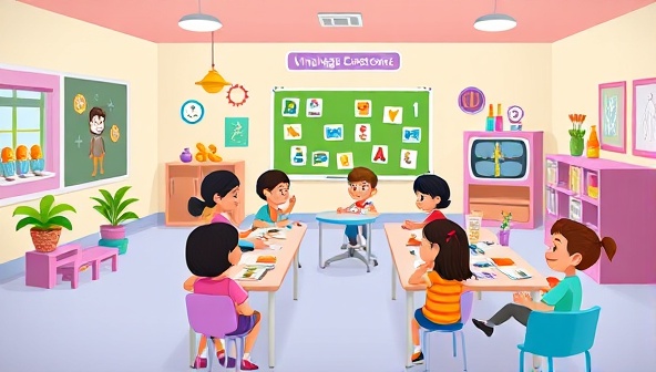 A colorful and engaging virtual classroom environment within the LingoKidz platform, featuring animated characters, language learning games, and a diverse group of children interacting and learning together, promoting a fun and immersive language learning experience.