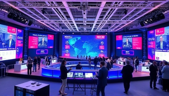 An immersive virtual event setup featuring a digital conference stage with interactive elements, virtual booths, and engaged attendees networking and participating in sessions, creating a futuristic and engaging event experience.