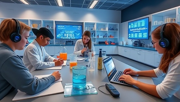 A virtual science lab environment with students conducting experiments using digital tools and equipment, observing chemical reactions, recording data on virtual notebooks, and discussing findings with virtual lab partners, illustrating the immersive and educational setting of SciLab Virtual.