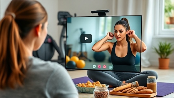 An online fitness coach guiding a client through a workout routine via video call, with exercise equipment and healthy snacks in the background, illustrating the convenience of virtual fitness training.