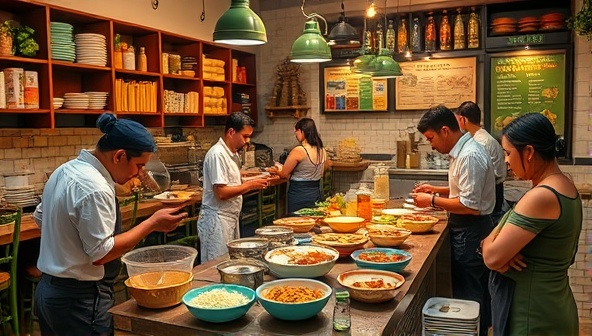 An inviting café setup with a bustling kitchen area where customers are actively engaged in preparing dishes, with aromatic spices, fresh ingredients, and colorful cookware creating a vibrant and interactive culinary atmosphere.