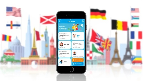 A smartphone displaying the LingoJourney app interface with interactive language lessons, cultural tips, and a virtual chat feature with a native language tutor, set against a backdrop of diverse international flags and landmarks, illustrating language learning, travel preparation, and global connectivity.