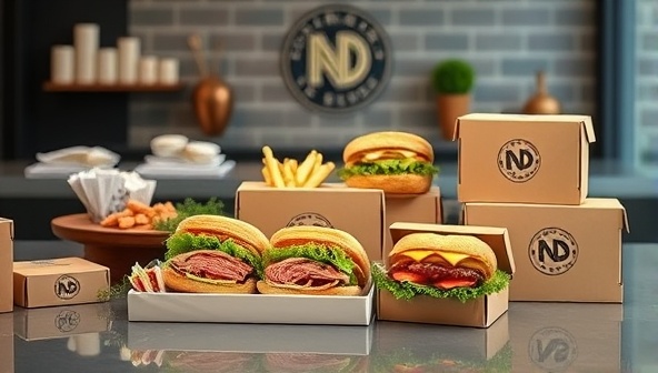 A sleek and modern sandwich delivery service setup with neatly arranged gourmet sandwiches, fresh ingredients on display, branded packaging boxes ready for delivery, and a stylized logo of 