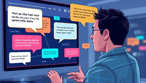 An artistic rendering of a user interacting with a website interface through voice commands, with colorful speech bubbles and dynamic visual responses, illustrating the seamless integration of voice technology in web design.