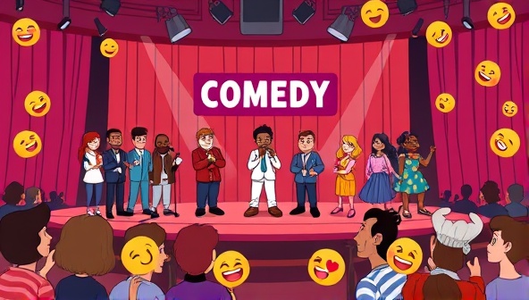 A whimsical digital illustration showcasing a virtual comedy club stage with a diverse lineup of animated comedians performing, a laughing audience of avatars, and interactive emojis floating around, capturing the joy and humor of an online comedy community.