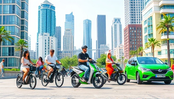 A vibrant cityscape with diverse individuals using various sustainable transportation modes like e-scooters, electric bikes, and eco-friendly cars, showcasing a modern and eco-conscious urban lifestyle.
