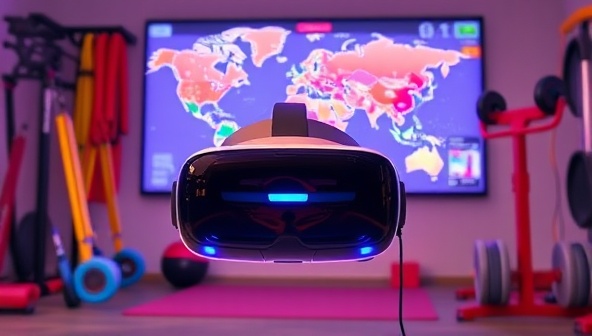 A virtual reality headset surrounded by colorful fitness equipment and a digital map showcasing various workout locations, creating an immersive and engaging fitness experience at home.