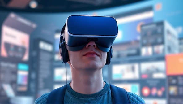 An engaging visual of a person wearing a VR headset, exploring a virtual representation of a website with interactive elements, showcasing the futuristic and immersive aspect of VR WebScapes.