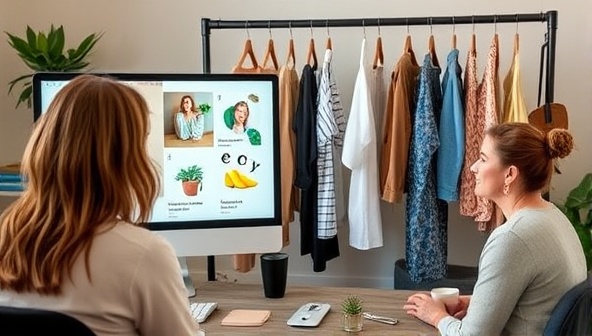 A virtual styling session setup with a computer screen displaying sustainable fashion brands, a rack of eco-friendly clothing options in the background, and a stylist engaging with a client through a video call, highlighting the remote and personalized nature of the service.