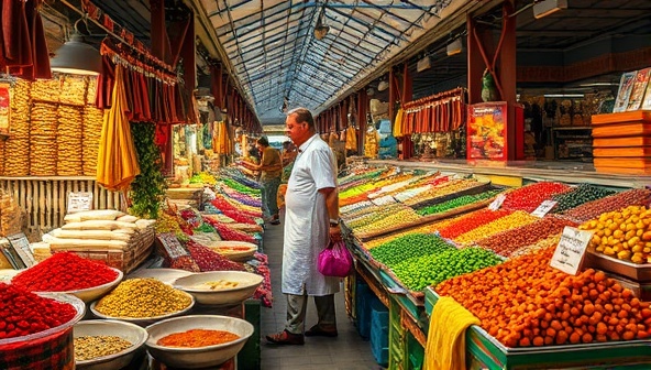 An enticing food market scene bustling with vibrant colors, exotic spices, and diverse cuisines, capturing the essence of culinary diversity and cultural exploration on a Taste Trails Explorer tour.