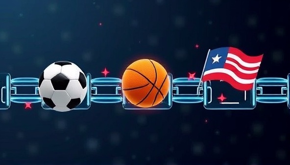 An abstract representation of interconnected blocks forming a secure chain, overlaid with sports symbols like a football, basketball, and racing flag, symbolizing the fusion of blockchain technology with sports betting.