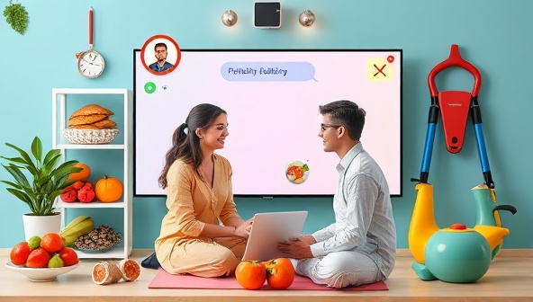 A vibrant virtual health coaching session with a coach and client interacting on a digital platform, surrounded by images of healthy food, fitness equipment, and positive affirmations, promoting a holistic approach to well-being.