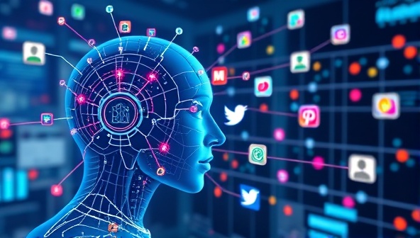 An illustration of a futuristic AI analyzing social media graphs and schedules, with colorful data streams connecting to various social platforms, symbolizing efficiency and automation.