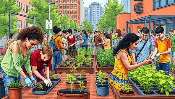 A vibrant illustration of a bustling urban garden workshop with participants of diverse backgrounds engaging in hands-on gardening activities, planting seedlings, and tending to green plants in a city setting, showcasing the beauty and potential of sustainable urban gardening practices, fostering a sense of community and environmental stewardship.