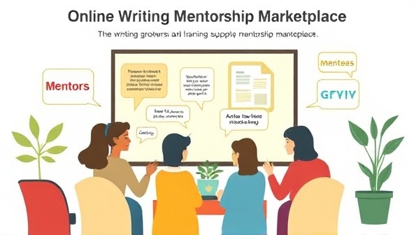 An engaging visual representation of the online writing mentorship marketplace, featuring a diverse group of mentors and mentees interacting in a virtual meeting space, exchanging ideas, feedback, and inspiration, symbolizing growth and learning in a supportive community.