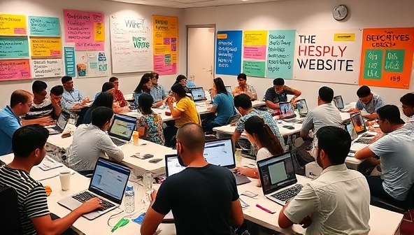 A vibrant workshop setting with participants actively engaged in designing websites on their laptops, surrounded by colorful design boards and inspirational quotes, fostering a dynamic and collaborative learning environment.